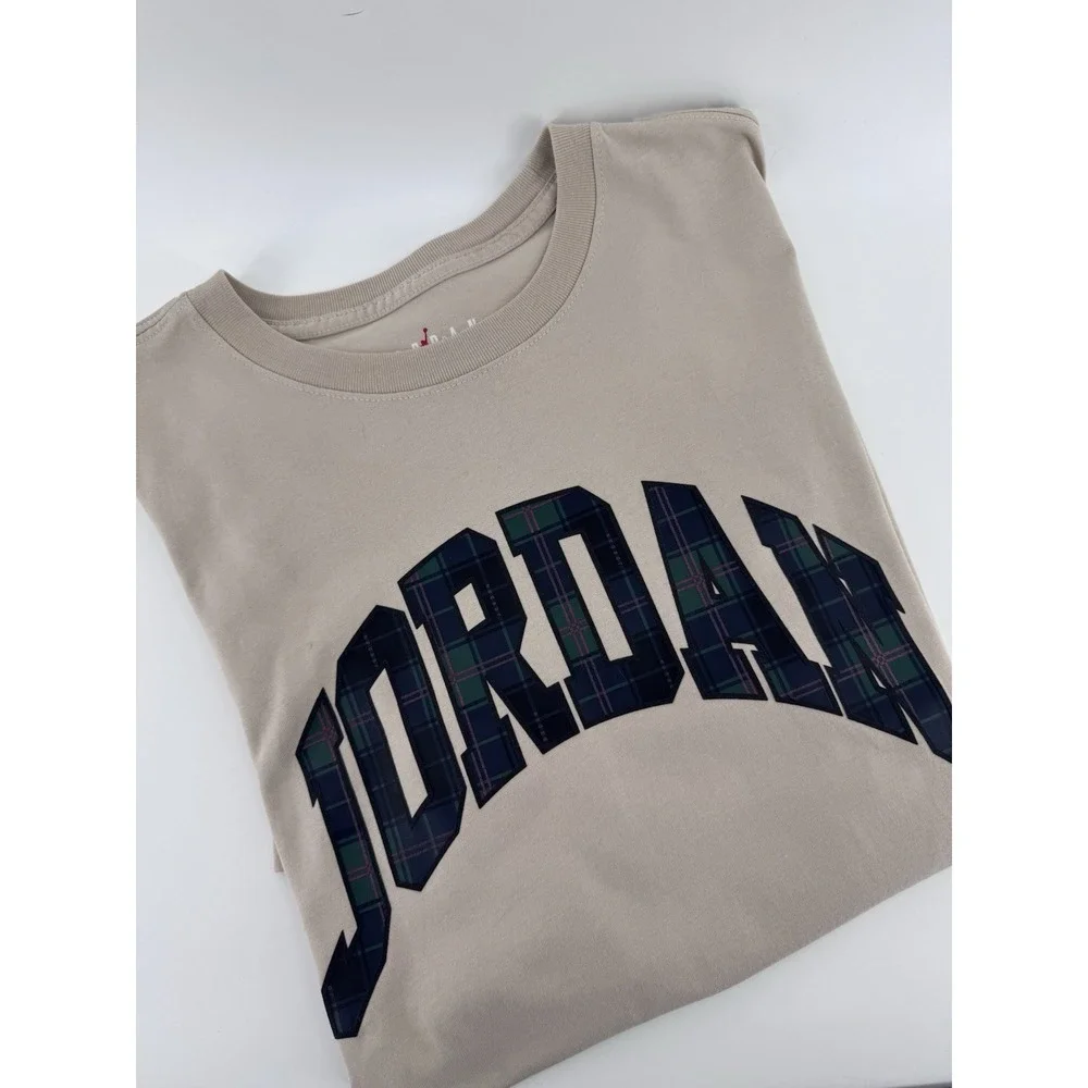 Jordan Shirt Mens Large Beige Plaid Graphic Tagless Crewneck Jumpman Tee